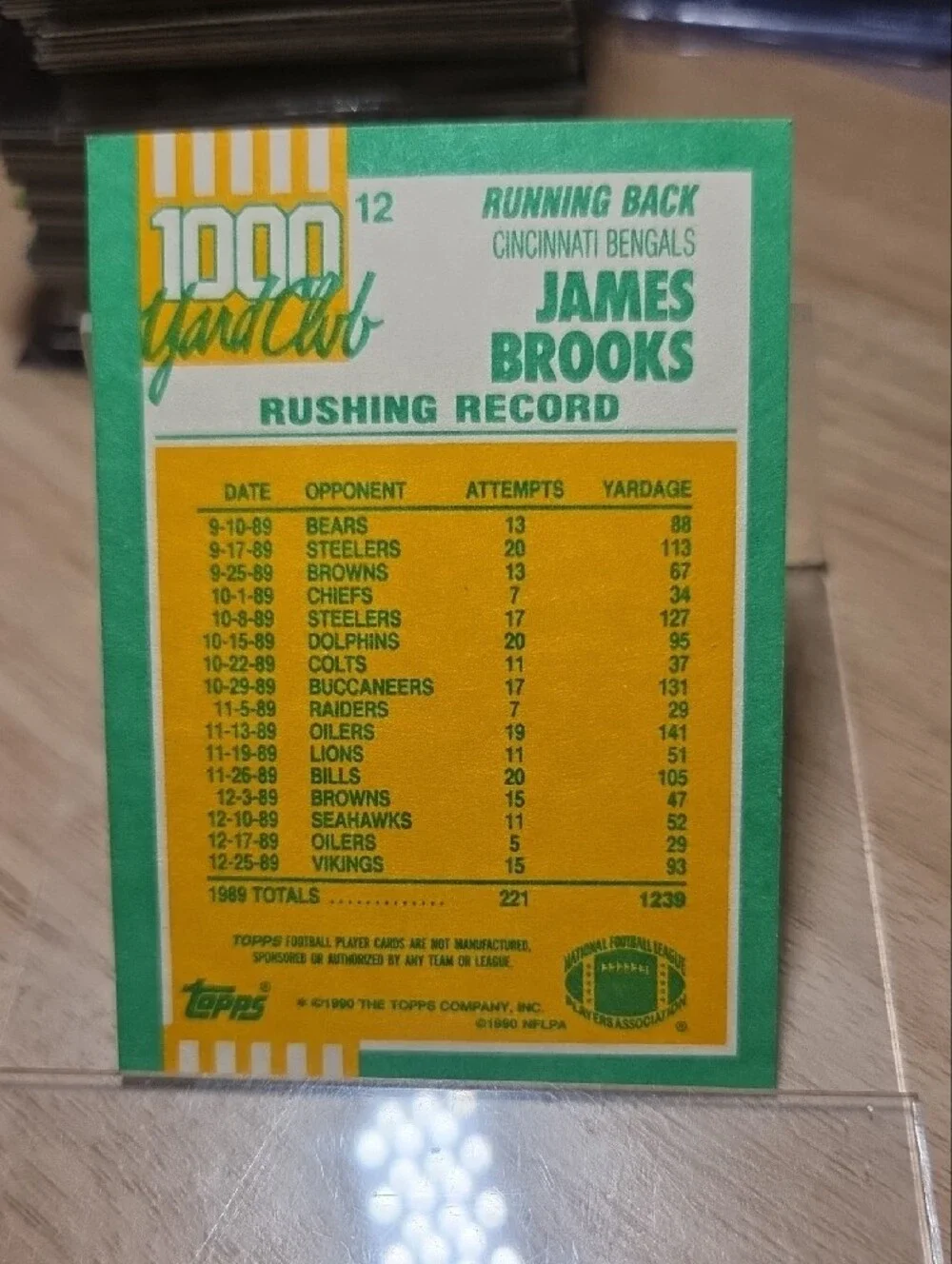 1990 Topps James Brooks 1000 Yard Club Football Card - Yellow Green Orange